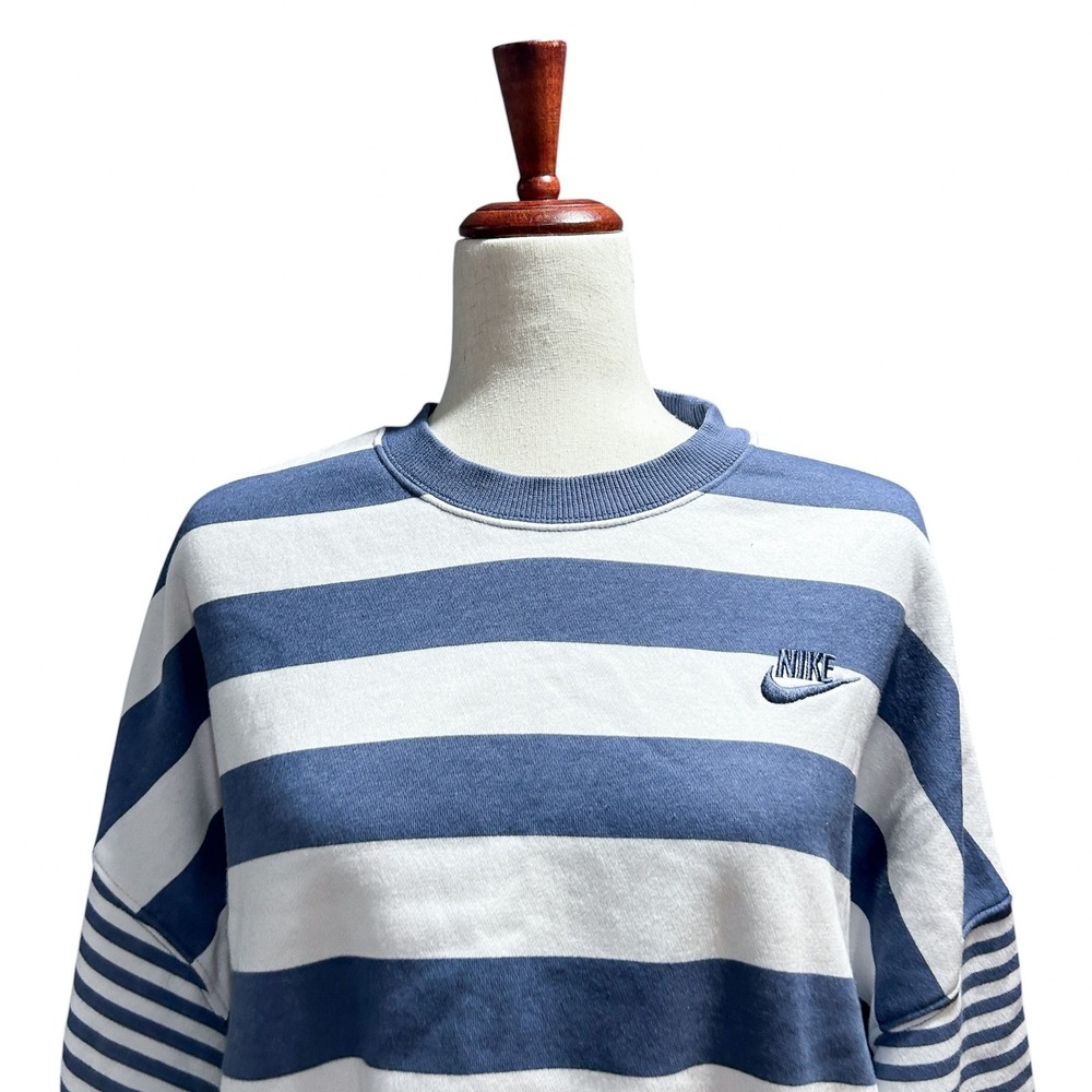 Nike Large Women's Phoenix Fleece Oversized Blue Striped Crew Boxy Preppy - Picture 11 of 14